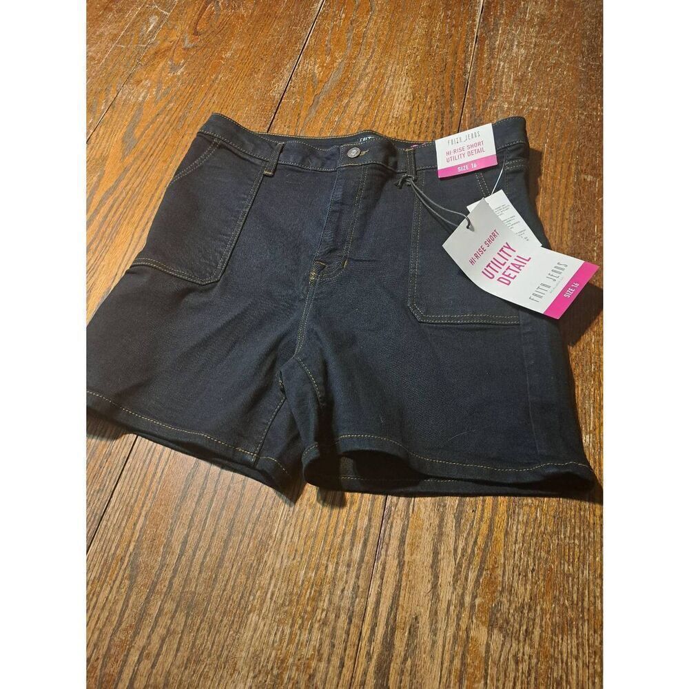 New Sz 16 Faith Jeans High Rise Utility Detail Denim Blue Jean Shorts w Pockets